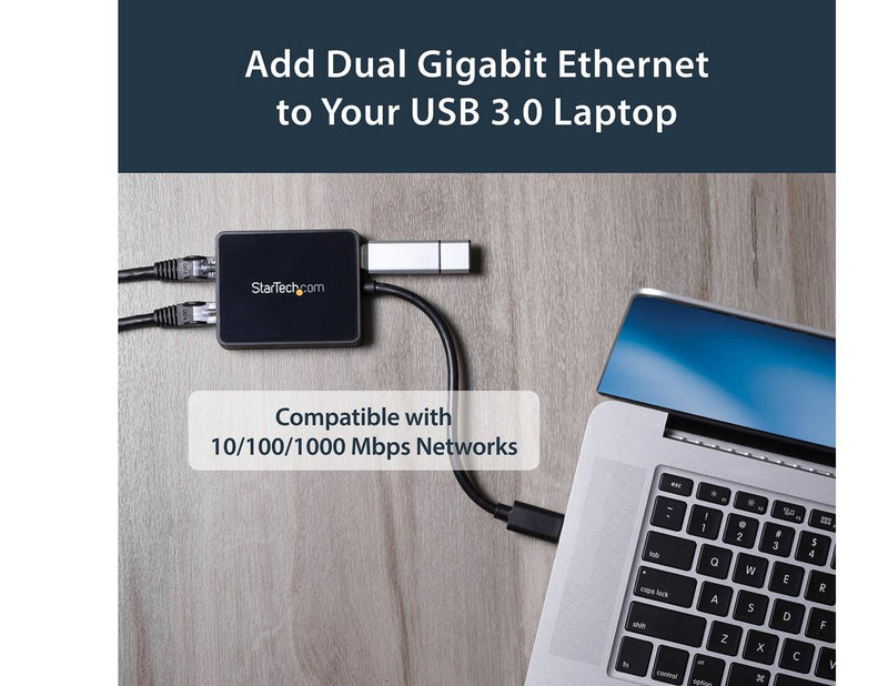 StarTech.com USB32000SPT USB 3.0 to Dual Port Gigabit Ethernet Adapter w/ USB Port 10/100/1000 Mbps USB Gigabit LAN Network NIC Adapter