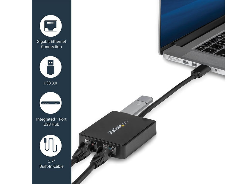 StarTech.com USB32000SPT USB 3.0 to Dual Port Gigabit Ethernet Adapter w/ USB Port 10/100/1000 Mbps USB Gigabit LAN Network NIC Adapter