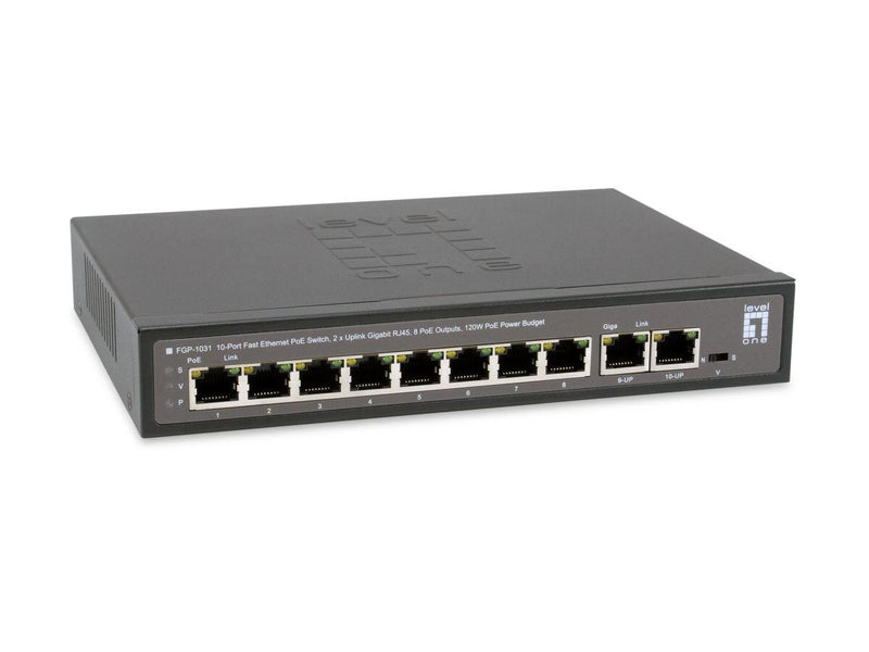 LevelOne Switch 10 Fast Ethernet-Ports mit 8 PoE-Ports 120W 2 Uplink Gigabit-Ports (FGP-1031)