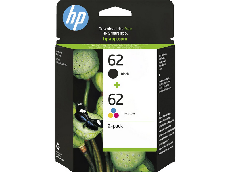 HP 62 / N9J71AE 2-Pack (Cyan Magenta Yellow) Pigmwnted Black Ink