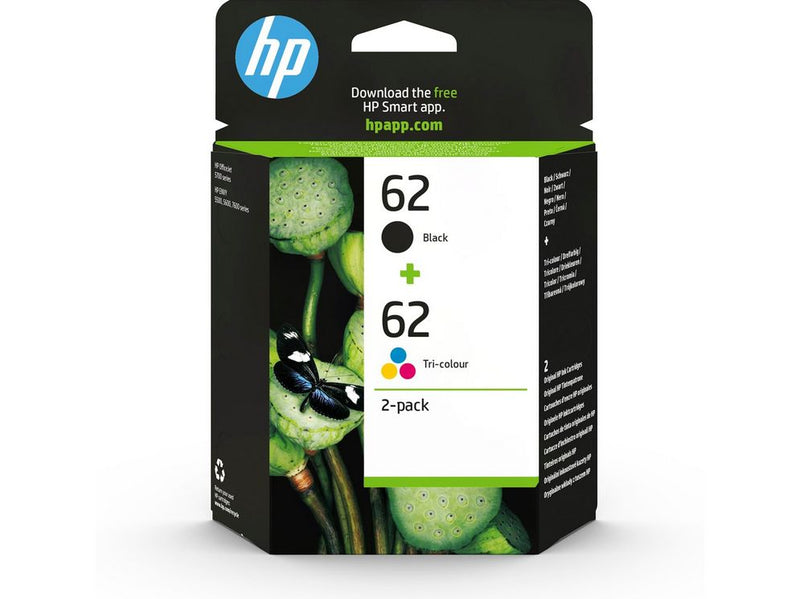 HP 62 / N9J71AE 2-Pack (Cyan Magenta Yellow) Pigmwnted Black Ink