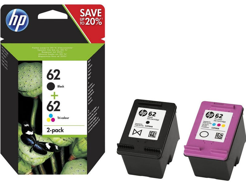 HP 62 / N9J71AE 2-Pack (Cyan Magenta Yellow) Pigmwnted Black Ink