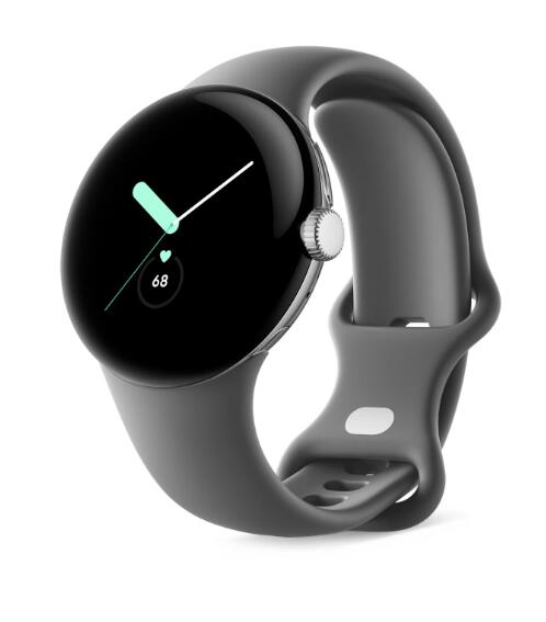 B-WARE Google Pixel Watch (Wi-Fi) - 41mm in Polished Silver mit Sportarmband in Charcoal