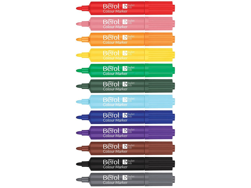 Berol bunte Fasermaler, breite Rundspitze 2mm - farblich sortiert, 12er Pack