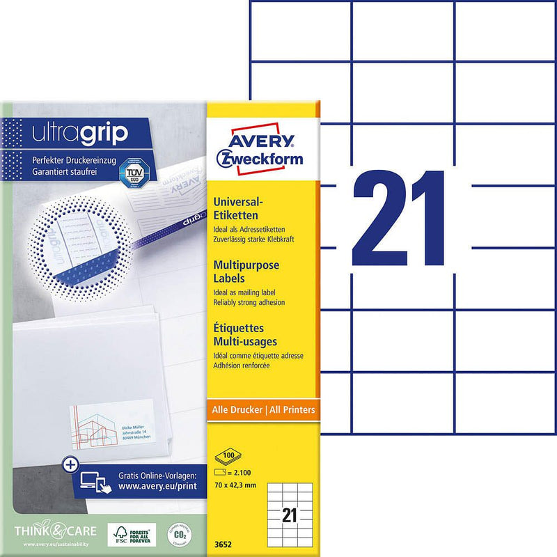 AVERY Zweckform Etiketten 3652 weiß 70,0 x 42,3 mm - 2.100 Stück
