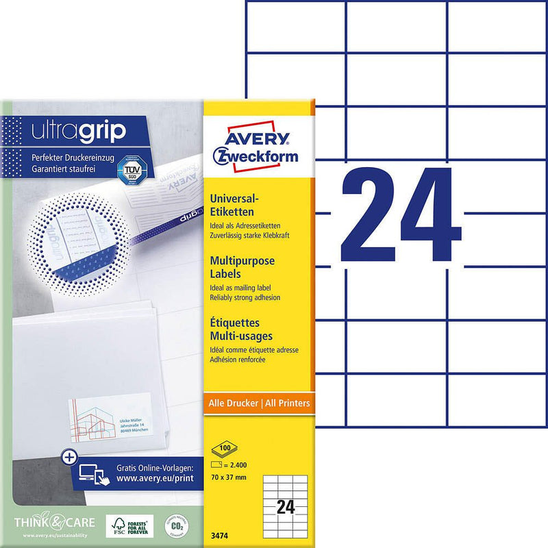 AVERY Zweckform Etiketten 3474 weiß 70,0 x 37,0 mm - 2.400 Stück