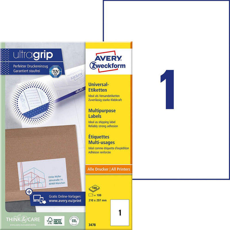 AVERY Zweckform Etiketten 3478 weiß 210,0 x 297,0 mm - 100 Stück