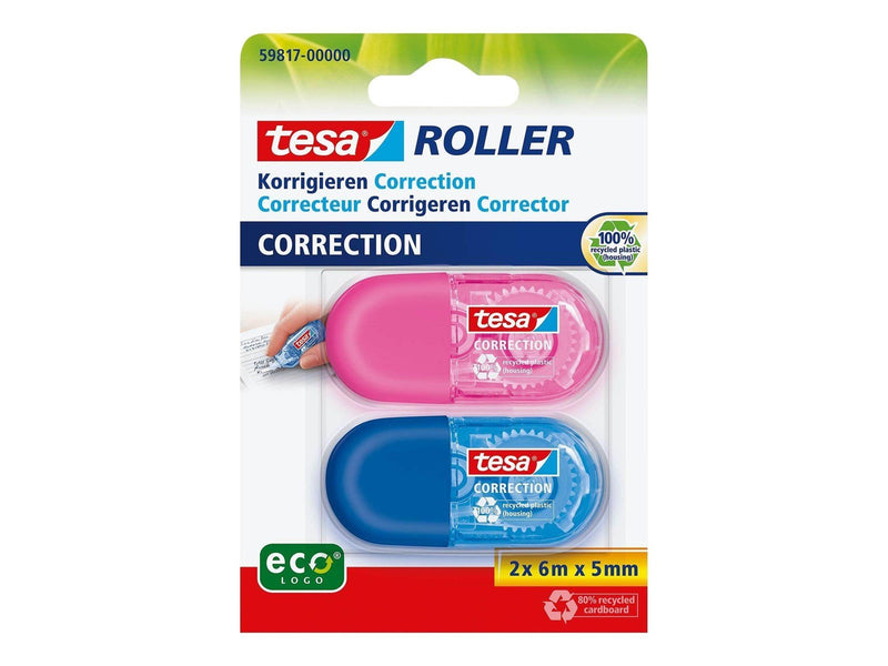 tesa Correction Tape Mini Roller ecoLogo 2x 6m x 5mm Blue + Pink