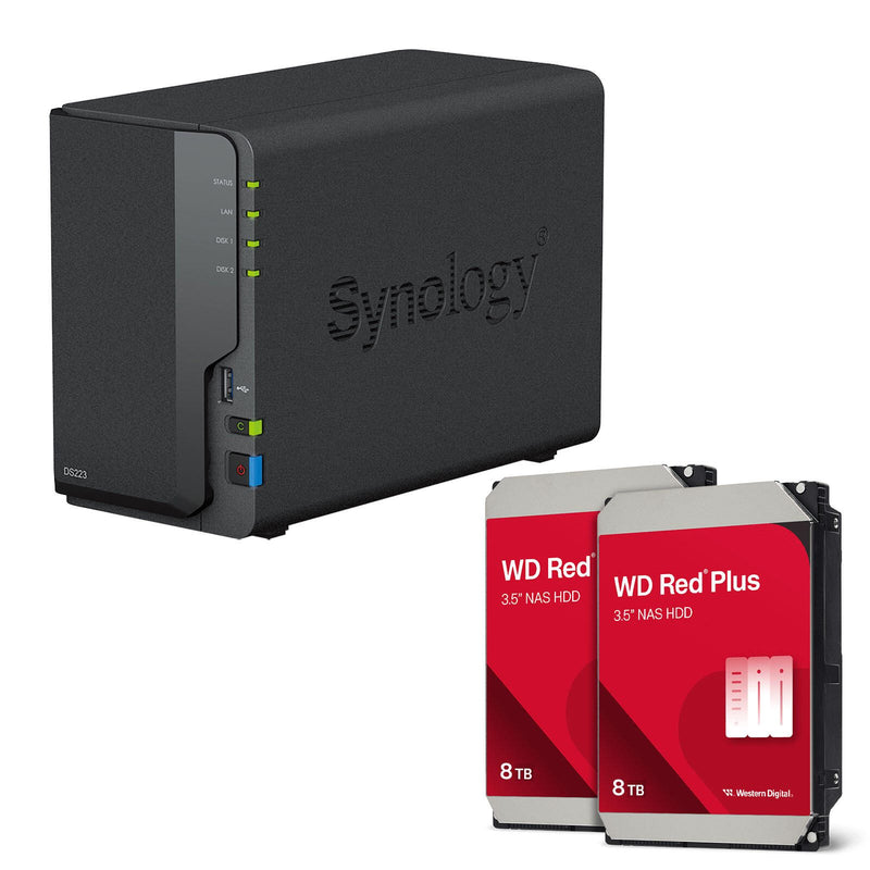 Synology DiskStation DS223 2 Einschübe NAS-Server Leergehäuse + 16TB WD Red SATA 3.5' HDD Festplatten (2x 8TB)