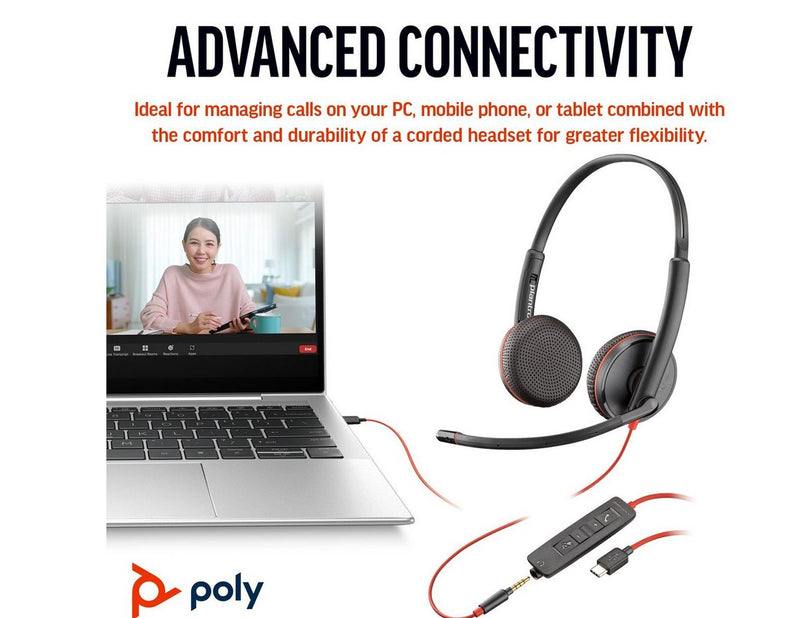 HP Poly Blackwire 3225 Stereo USB-C Headset +3.5mm Plug +USB-C/A Adapter (Bulk) (8X229A6)