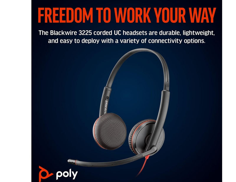HP Poly Blackwire 3225 Stereo USB-C Headset +3.5mm Plug +USB-C/A Adapter (Bulk) (8X229A6)