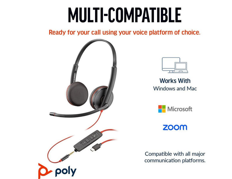 HP Poly Blackwire 3225 Stereo USB-C Headset +3.5mm Plug +USB-C/A Adapter (Bulk) (8X229A6)