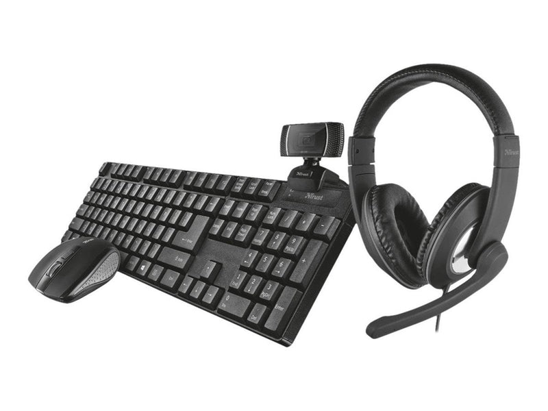 Trust Qoby 4-in-1 Home Office Set - Keyboard, mouse, headset and web camera set - Nordisch - Schwarz