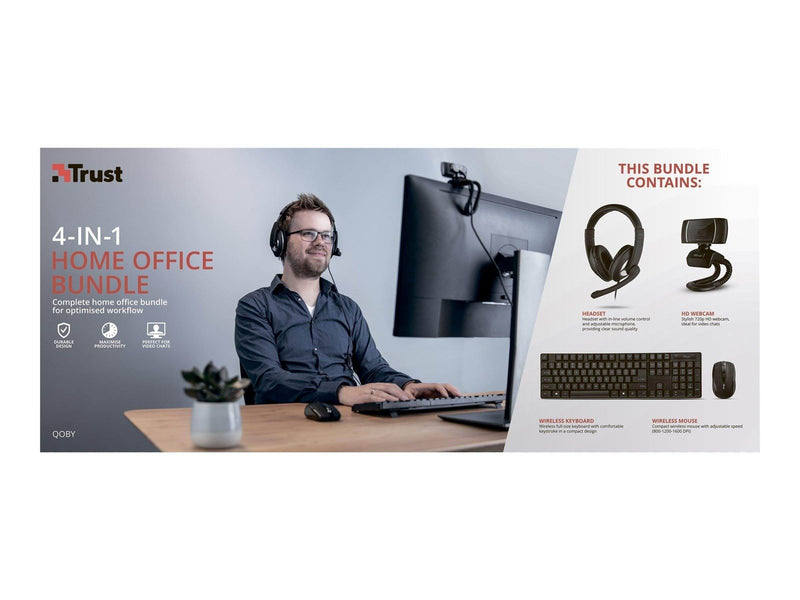 Trust Qoby 4-in-1 Home Office Set - Keyboard, mouse, headset and web camera set - Nordisch - Schwarz