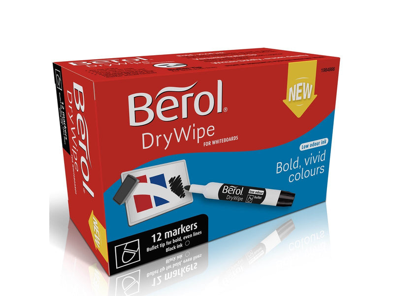 Berol Trocken abwischbarer Whiteboard-Marker, Punktspitze: 2 mm – Schwarz, 12er-Pack