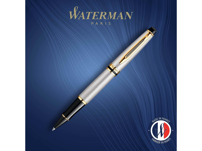 Waterman Expert Tintenroller | Edelstahl | Zierteile aus 23 K Gold| feine Spitze | Schwarz | Geschenkbox