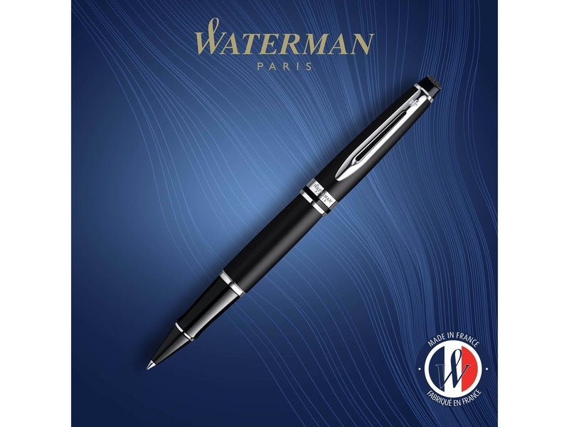 Waterman Expert Tintenroller | Mattschwarz | Chromzierteile| feine Spitze | Schwarz | Geschenkbox