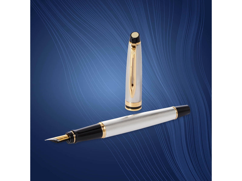 Waterman Expert Füller | Edelstahl mit Zierteile aus 23 K Gold | Füllfederhalter mit feiner Feder | Geschenkbox
