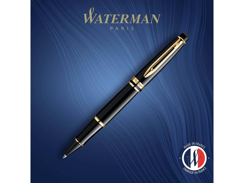 Waterman Expert Tintenroller | Hochglänzend Schwarz mit Zierteile aus 23 K Gold| feine Spitze | Schwarz | Geschenkbox