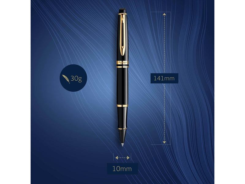 Waterman Expert Tintenroller | Hochglänzend Schwarz mit Zierteile aus 23 K Gold| feine Spitze | Schwarz | Geschenkbox