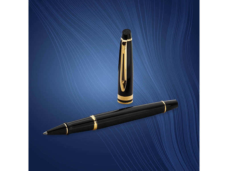 Waterman Expert Tintenroller | Hochglänzend Schwarz mit Zierteile aus 23 K Gold| feine Spitze | Schwarz | Geschenkbox