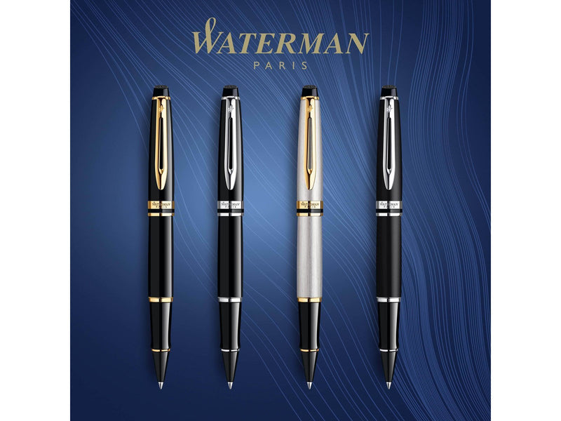 Waterman Expert Tintenroller | Hochglänzend Schwarz mit Zierteile aus 23 K Gold| feine Spitze | Schwarz | Geschenkbox