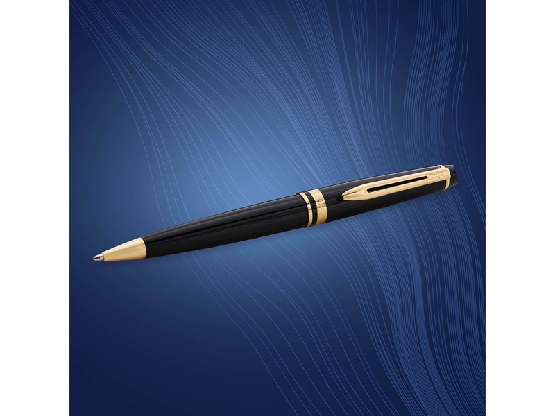 Waterman Expert Kugelschreiber | Hochglänzend Schwarz mit Zierteile aus 23 K Gold | Mittlere Spitze | Blaue Tinte | Geschenkbox