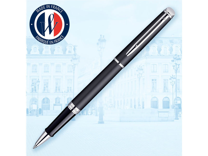 Waterman Hémisphère Tintenroller | Mattschwarz mit Chromzierteile | feine Spitze | Schwarze Tinte | Geschenkbox