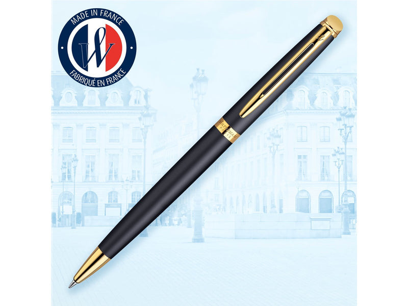 Waterman Hémisphère Kugelschreiber | Mattschwarz mit Zierteile aus 23 K Gold | Mittlere Spitze | Blaue Tinte | Geschenkbox