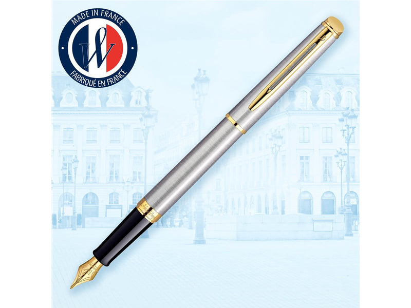 Waterman Hémisphère Füller | Edelstahl mit Zierteile aus 23 K Gold | Füllfederhalter mit feiner Feder und blauer Tinte | Geschen