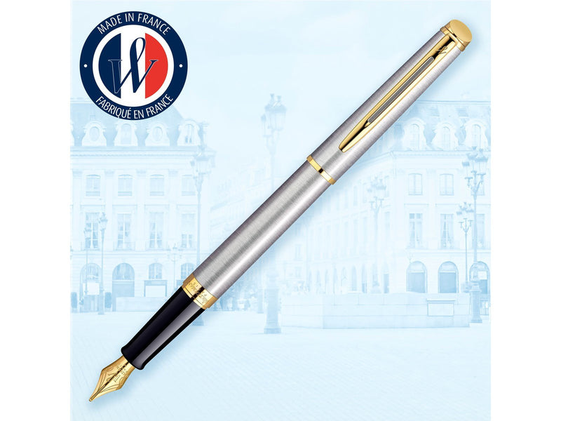 Waterman Hémisphère Füller | Edelstahl mit Zierteile aus 23 K Gold | Füllfederhalter mit mittlerer Feder und blauer Tinte | Gesc