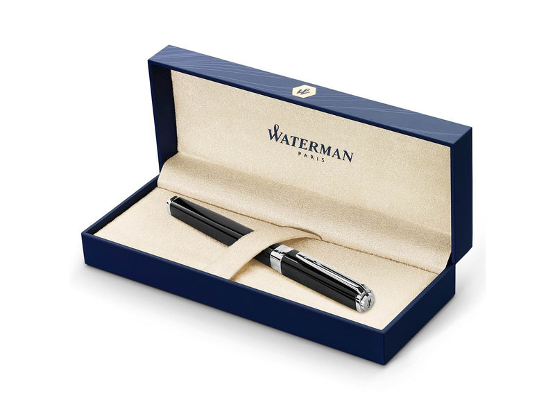 Waterman Exception Füller (Modell „Slim“) | schwarz mit Silber-plattiertem Clip | Füllfederhalter mit feiner Feder und blauer Ti
