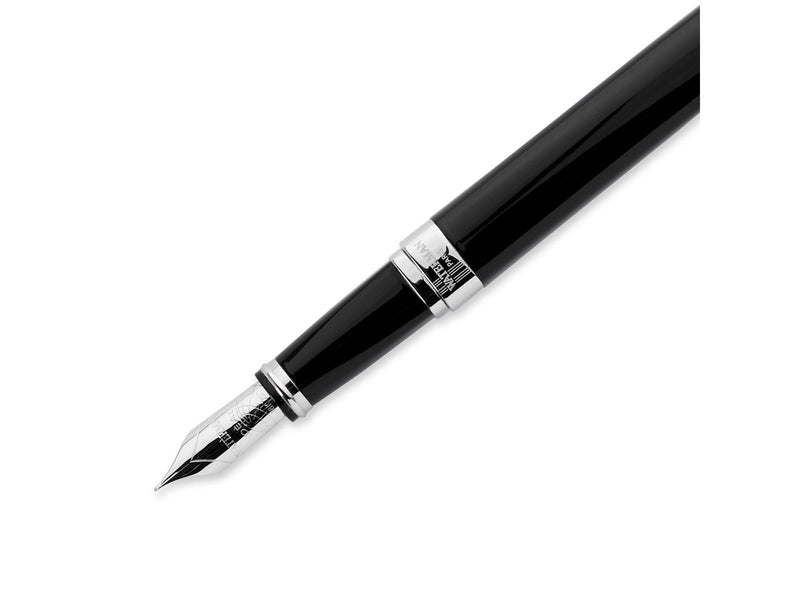 Waterman Exception Füller (Modell „Slim“) | schwarz mit Silber-plattiertem Clip | Füllfederhalter mit feiner Feder und blauer Ti