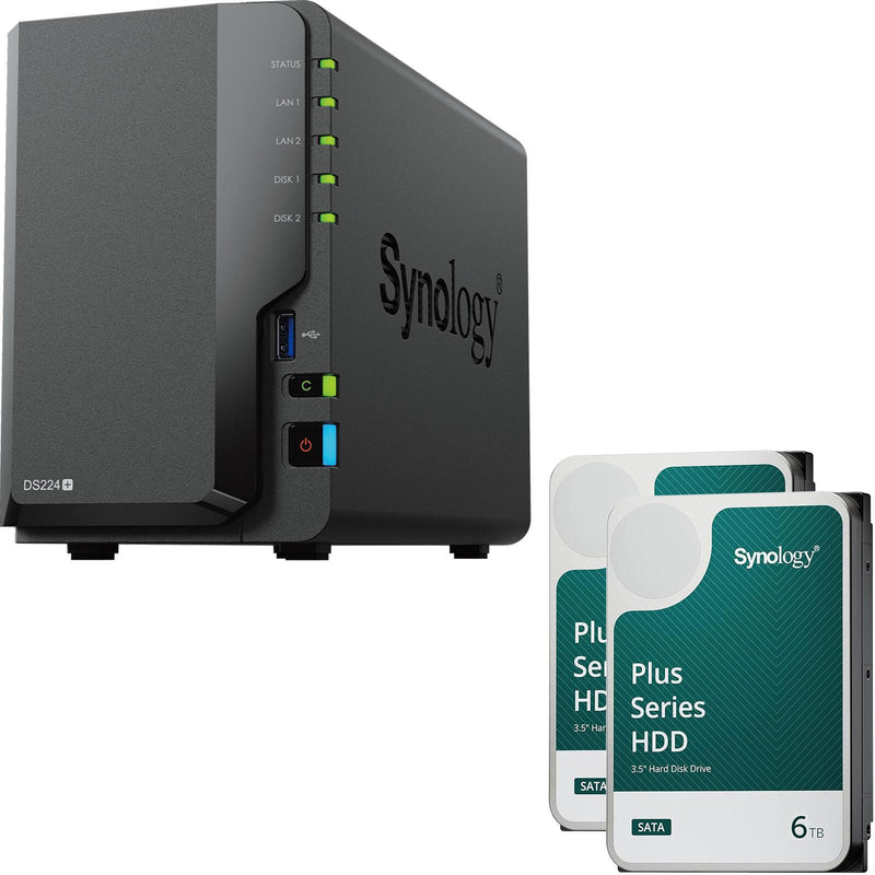 Synology DiskStation DS224+ 2 Einschübe NAS-Server Leergehäuse + 2x Synology Plus 3.5' SATA HDD Festplatte 6TB (12TB)