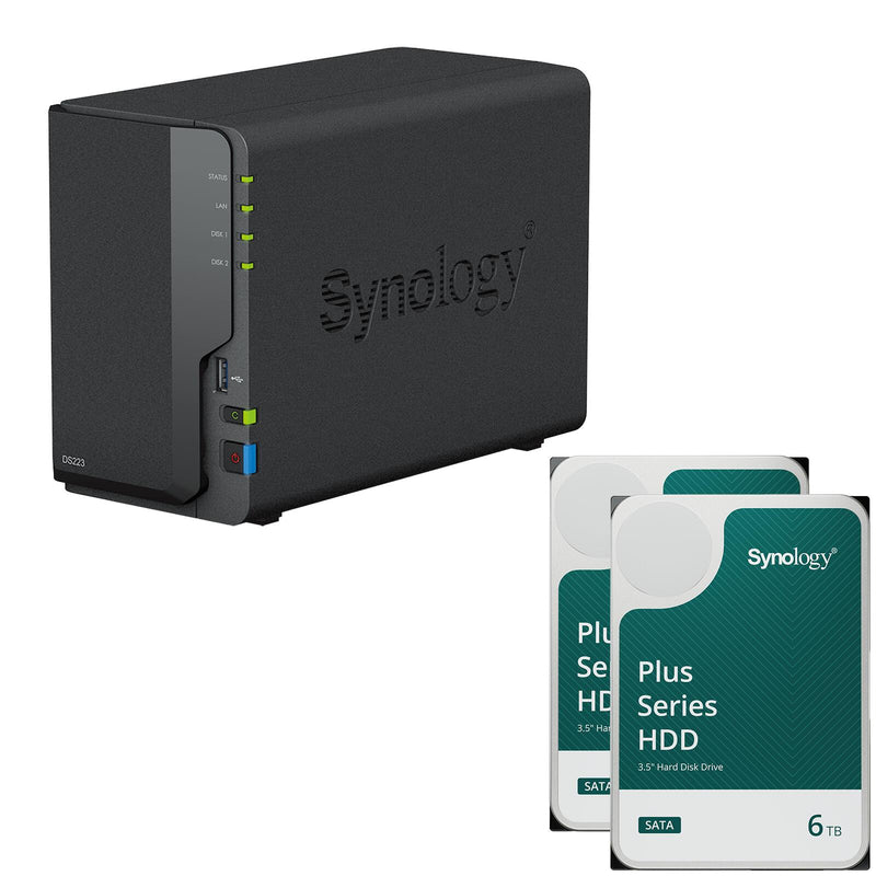 Synology DiskStation DS223 2 Einschübe NAS-Server Leergehäuse + 2x Synology Plus 3.5' SATA HDD Festplatte 6 TB (12TB)