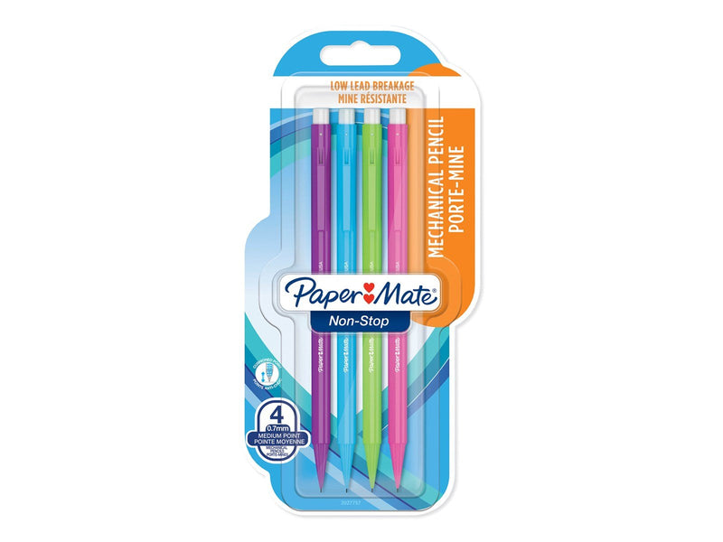 Paper Mate Non Stop-Druckbleistift | 0,7 mm | HB 2 | Schaft in sortierten Neonfarben | 4 Stück
