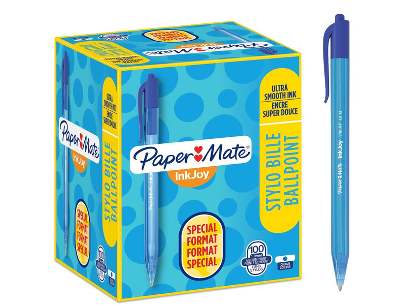 Paper Mate InkJoy 100RT Retractable Kugelschreiber | mittlere Spitze (1,0 mm) | Blau | 100 Stück