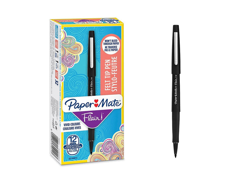 Paper Mate Flair Filzstifte | mittlere Spitze (0,7 mm) | Schwarz | 12 Stück