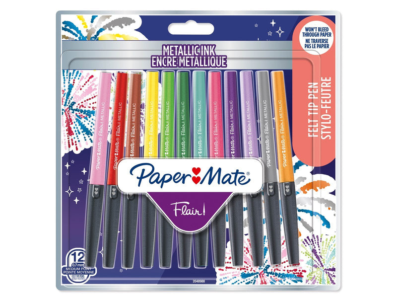 Paper Mate Flair Stifte | Metallic-Filzstifte | mittlere Spitze (0,7 mm) | glitzernde Tinte glänzt auf weißem Papier | farblich