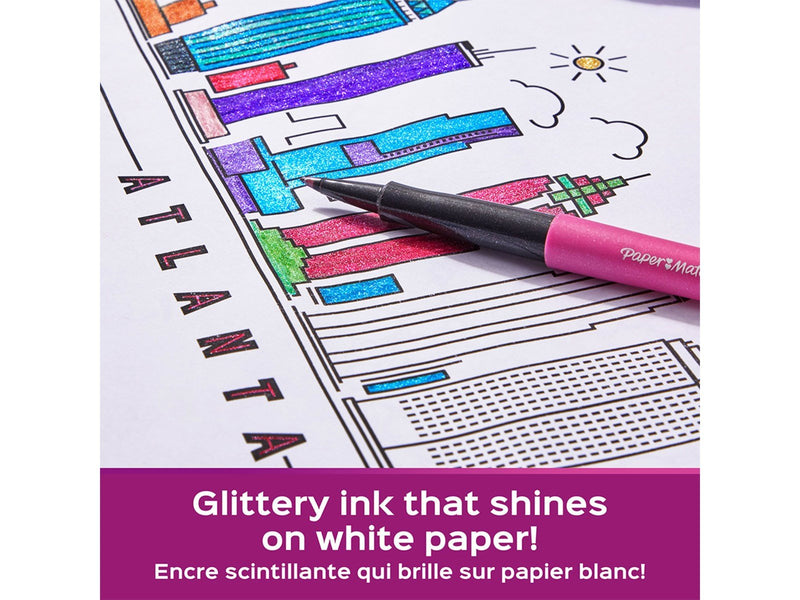 Paper Mate Flair Stifte | Metallic-Filzstifte | mittlere Spitze (0,7 mm) | glitzernde Tinte glänzt auf weißem Papier | farblich