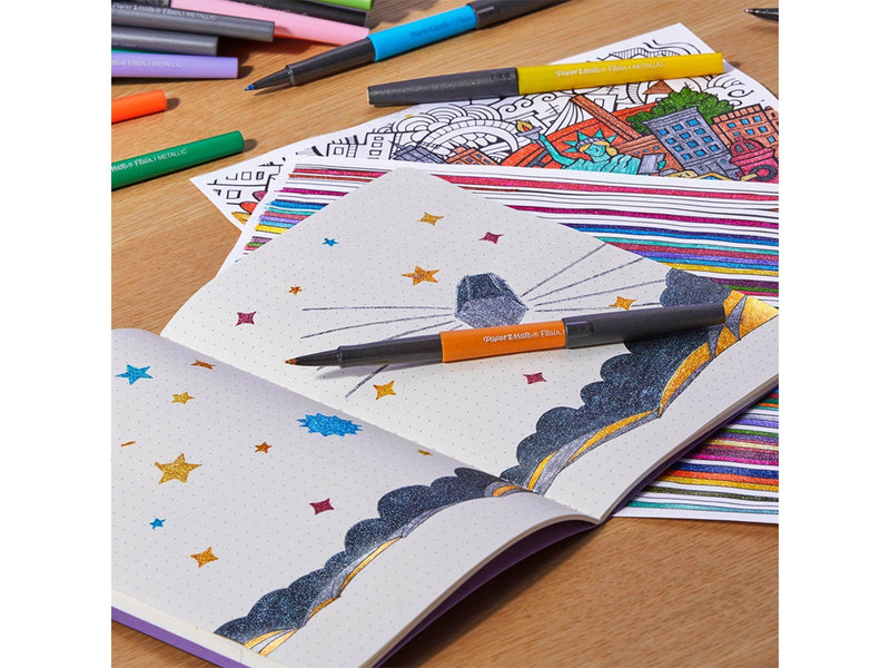 Paper Mate Flair Stifte | Metallic-Filzstifte | mittlere Spitze (0,7 mm) | glitzernde Tinte glänzt auf weißem Papier | farblich
