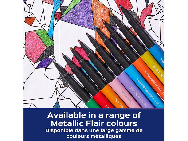 Paper Mate Flair Stifte | Metallic-Filzstifte | mittlere Spitze (0,7 mm) | glitzernde Tinte glänzt auf weißem Papier | farblich