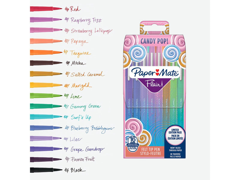 Paper Mate Flair Filzstifte | mittlere Spitze (0,7mm) | Candy POP Farben | 16 Stück