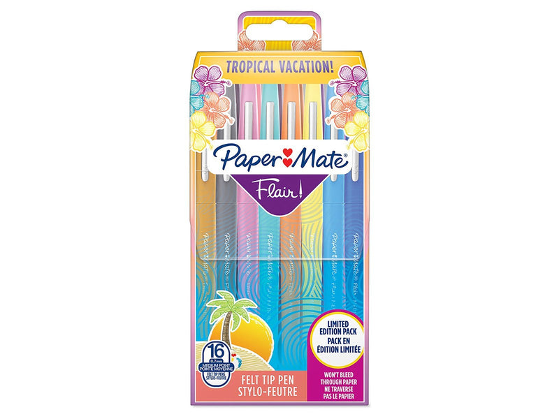Paper Mate Flair Filzstifte | mittlere Spitze (0,7mm) | Tropical Farben | Stifte Tasche mit 16 Stiften