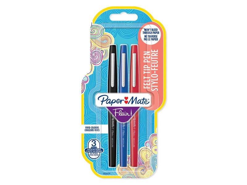 Paper Mate Flair Filzstifte | mittlere Spitze (0,7 mm) | Farblich klassische Gemischte | 3 Stück