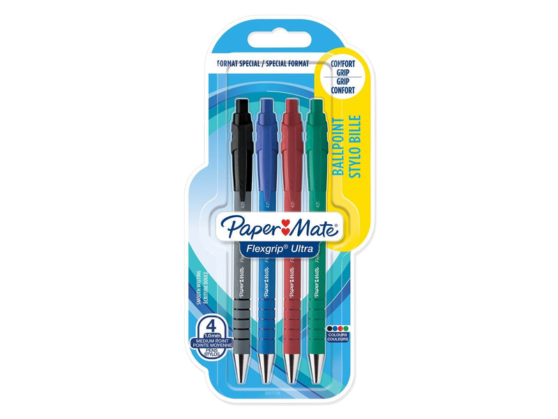 Paper Mate Flexgrip Ultra-Druckkugelschreiber | mittlere Schreibspitze (1,0 mm) | sortierte Farben | 3+1-Packung