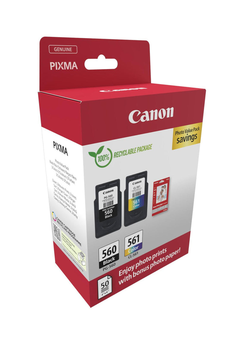 Canon Original PG-560 + CL-561 Druckerpatronen Valuepack - 1 x schwarz / 1 x farbig + 50 Blatt Fotopapier (3713C008)
