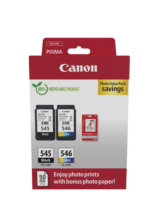 Canon Original PG-545 + CL-546 Druckerpatronen Valuepack - 1 x schwarz / 1 x farbig + 50 Blatt Fotopapier (8287B008)