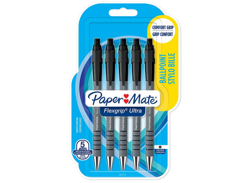 Paper Mate Flexgrip Ultra-Druckkugelschreiber | mittlere Spitze (1,0 mm) | schwarz | 5er-Packung
