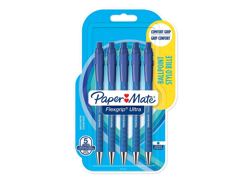 Paper Mate Flexgrip Ultra-Druckkugelschreiber | mittlere Spitze (1,0 mm) | blaue Tinte | 5 Stück